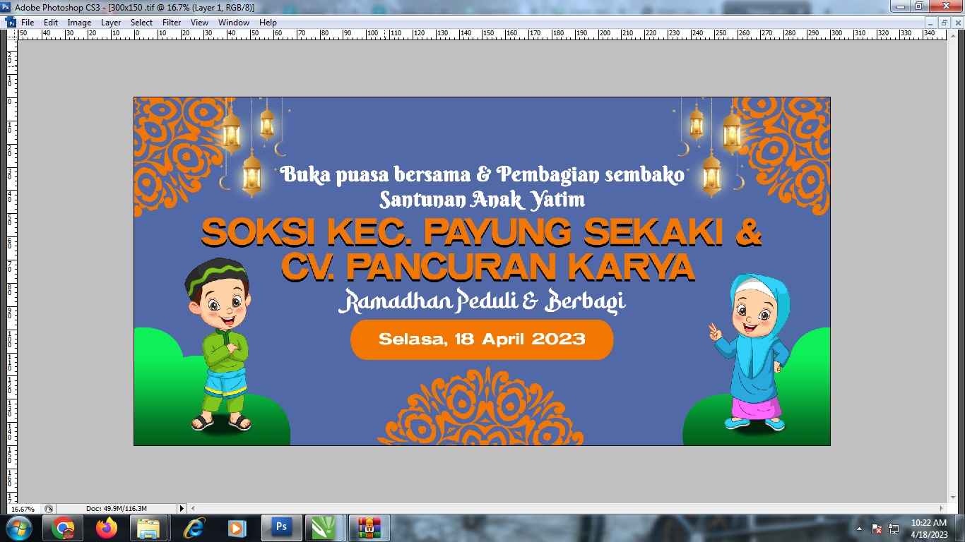 Slogan giat buka puasa bersama dan Ramadha berbagi antara SOKSI Kecamatan Tampan dan CV Pancuran Jaya Pekanbaru